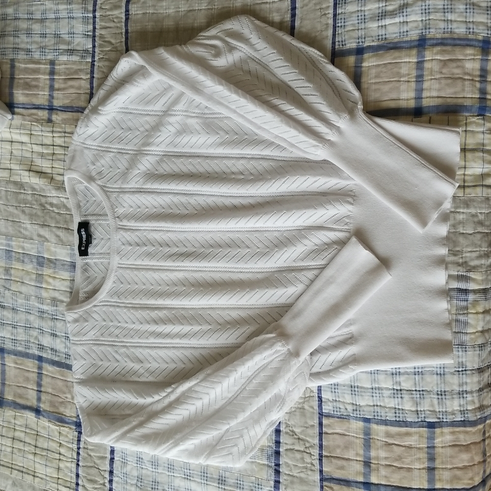 Express balloon sleeve open knit sweater in white